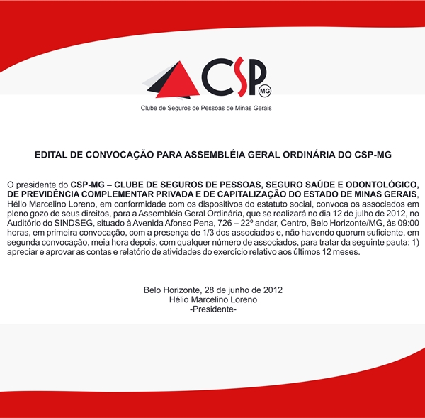 Edital de Convocação para Assembléia Geral Ordinário do CSP-MG