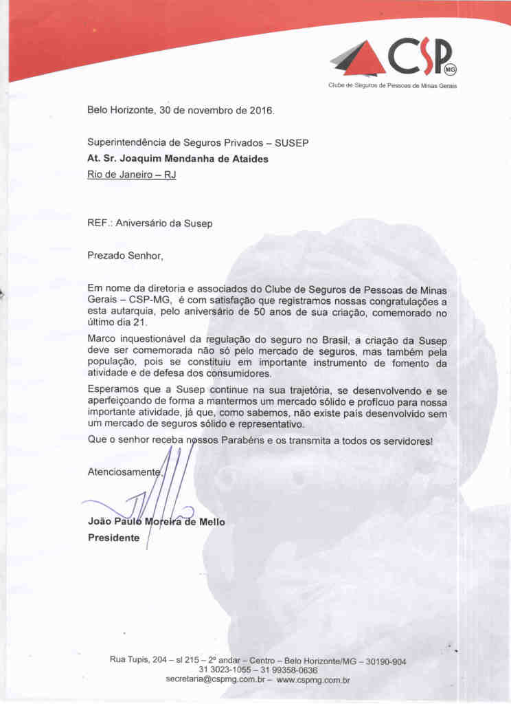 CSP-MG parabeniza Susep pelo cinquentenário