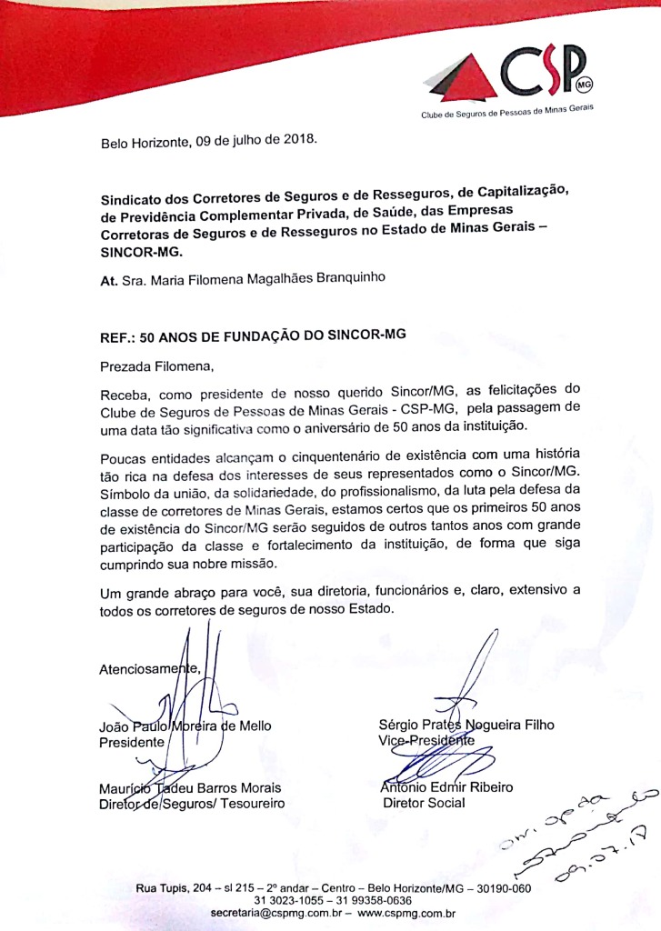 CSP-MG parabeniza Sincor-MG pelos 50 anos de fundação