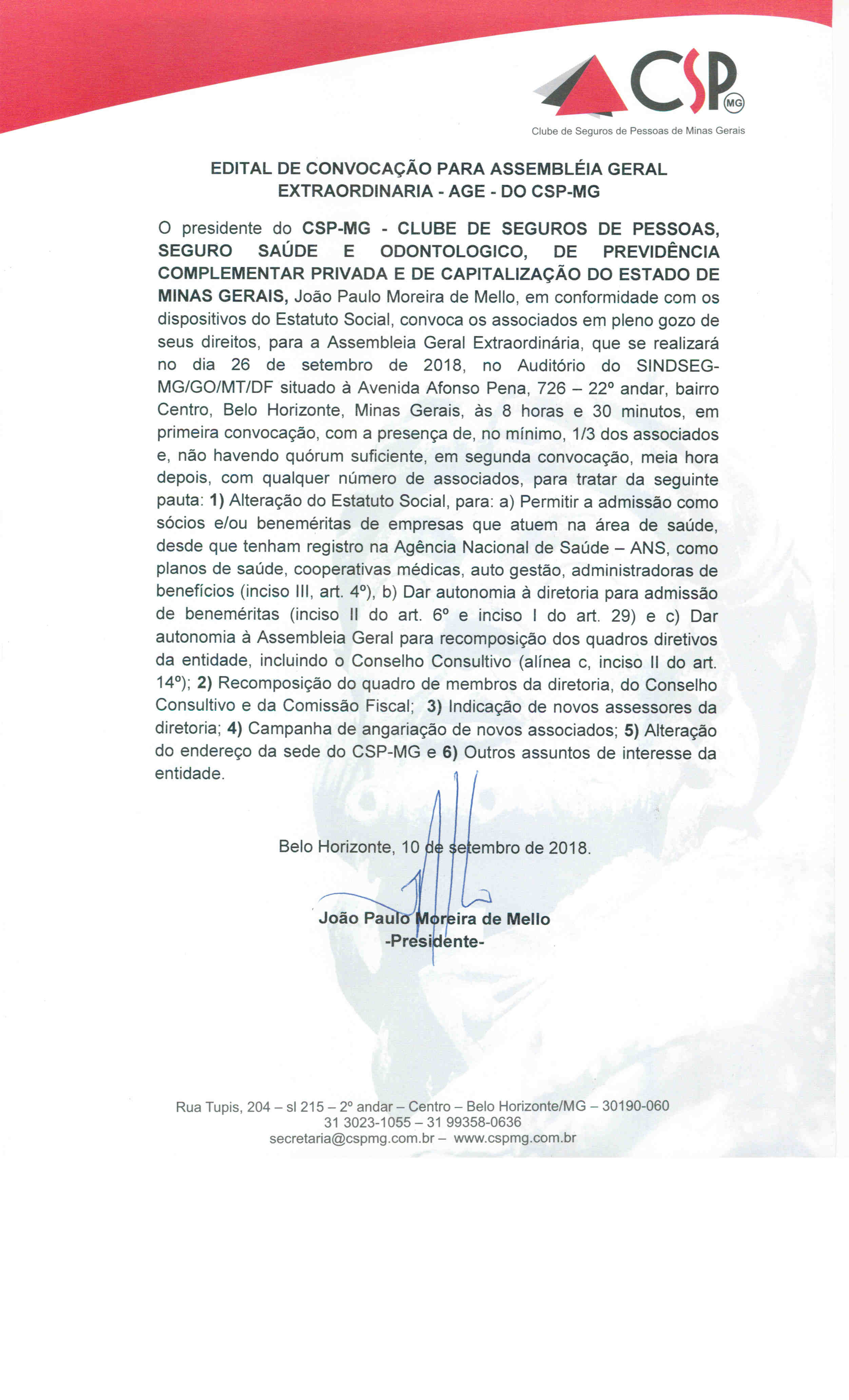 CSP-MG convoca associados para Assembleia Geral Extraordinária